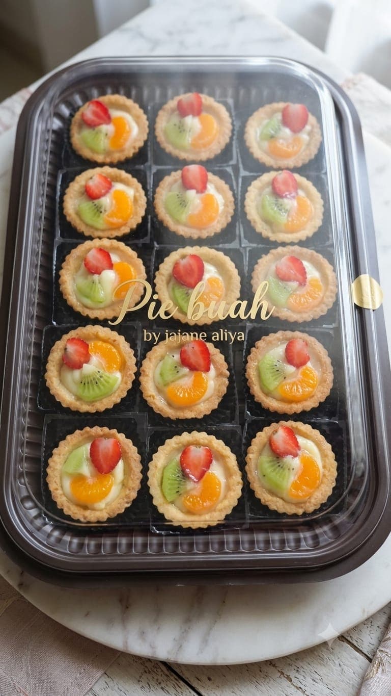 Mini pie buah dengan topping kiwi, anggur, dan jeruk mandarin di atas kulit pie renyah